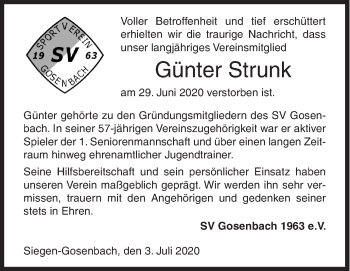 Traueranzeige von Günter Strunk von Siegener Zeitung