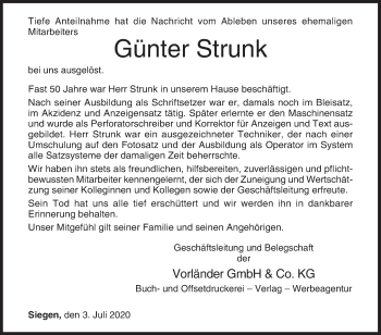 Traueranzeige von Günter Strunk von Siegener Zeitung