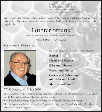 Traueranzeige von Günter Strunk von Siegener Zeitung