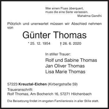 Traueranzeige von Günter Thomas von Siegener Zeitung