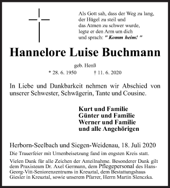 Traueranzeige von Hannelore Luise Buchmann von Siegener Zeitung