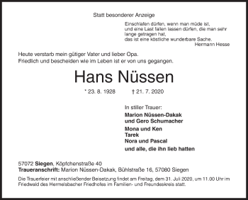 Traueranzeige von Hans Nüssen von Siegener Zeitung