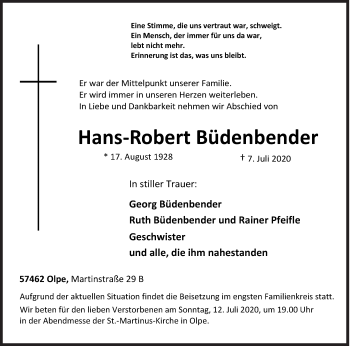Traueranzeige von Hans-Robert Büdenbender von Siegener Zeitung