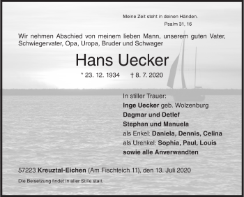 Traueranzeige von Hans Uecker von Siegener Zeitung