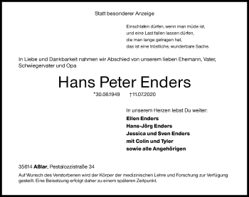 Traueranzeige von Hans Peter Enders von Siegener Zeitung