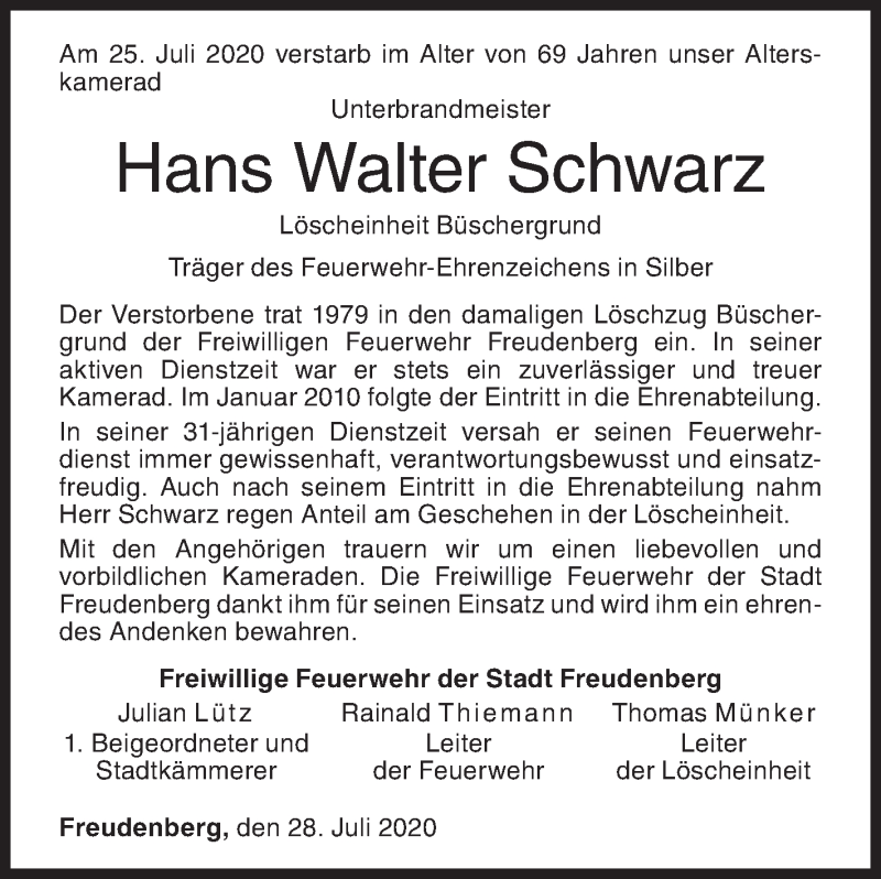  Traueranzeige für Hans Walter Schwarz vom 28.07.2020 aus Siegener Zeitung