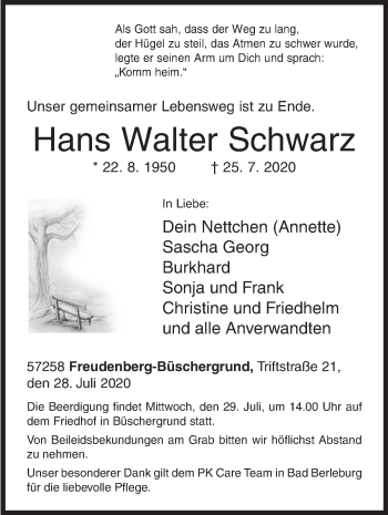 Traueranzeige von Hans Walter Schwarz von Siegener Zeitung