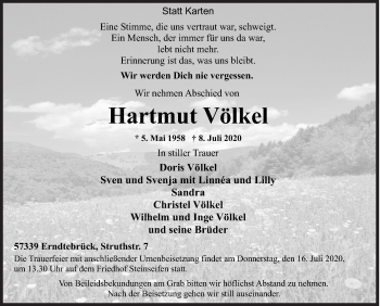 Traueranzeige von Hartmut Völkel von Siegener Zeitung