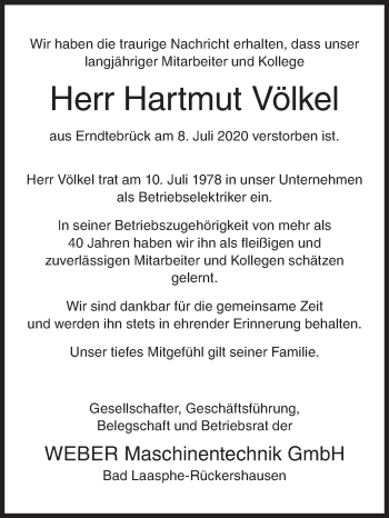 Traueranzeige von Hartmut Völkel von Siegener Zeitung