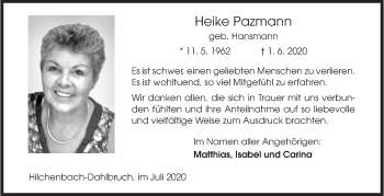 Traueranzeige von Heike Pazmann von Siegener Zeitung