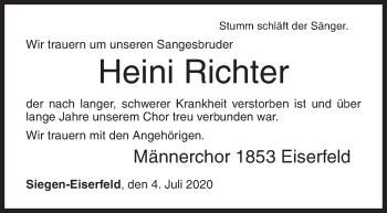 Traueranzeige von Heini Richter von Siegener Zeitung