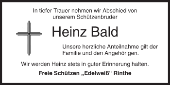 Traueranzeige von Heinz Bald von Siegener Zeitung