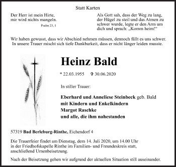 Traueranzeige von Heinz Bald von Siegener Zeitung