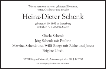 Traueranzeige von Heinz-Dieter Schenk von Siegener Zeitung