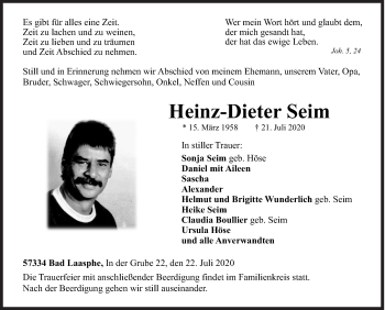 Traueranzeige von Heinz-Dieter Seim von Siegener Zeitung