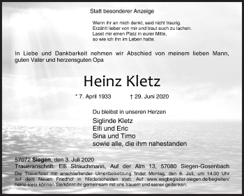 Traueranzeige von Heinz Kletz von Siegener Zeitung