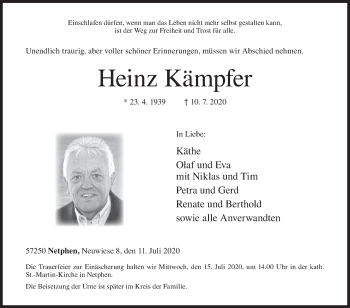 Traueranzeige von Heinz Kämpfer von Siegener Zeitung