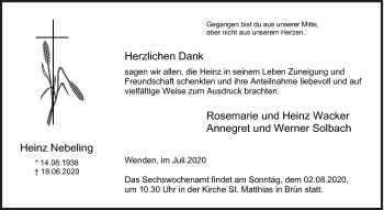 Traueranzeige von Heinz Nebeling von Siegener Zeitung