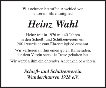 Traueranzeige von Heinz Wahl von Siegener Zeitung