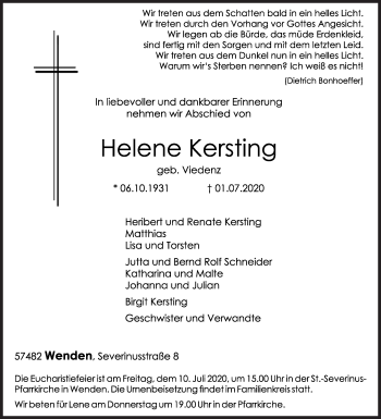 Traueranzeige von Helene Kersting von Siegener Zeitung
