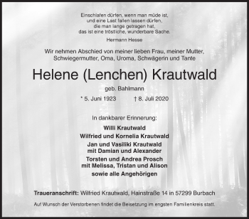 Traueranzeige von Helene Krautwald von Siegener Zeitung
