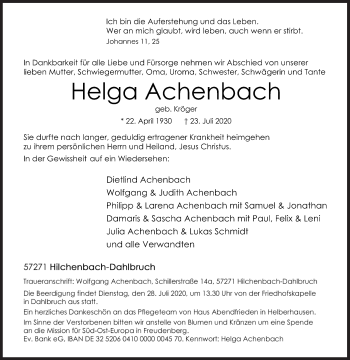 Traueranzeige von Helga Achenbach von Siegener Zeitung