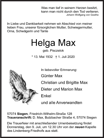 Traueranzeige von Helga Max von Siegener Zeitung