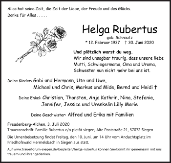 Traueranzeige von Helga Rubertus von Siegener Zeitung