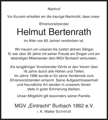 Traueranzeige von Helmut Bertenrath von Siegener Zeitung
