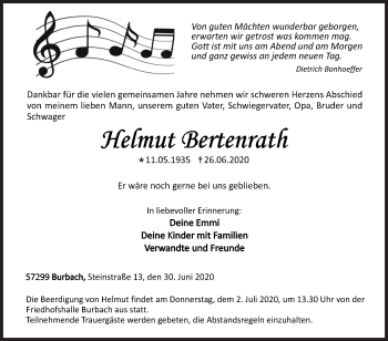 Traueranzeige von Helmut Bertenrath von Siegener Zeitung