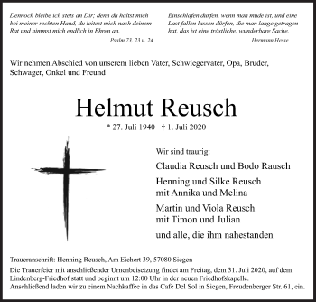 Traueranzeige von Helmut Reusch von Siegener Zeitung