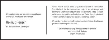 Traueranzeige von Helmut Reusch von Siegener Zeitung