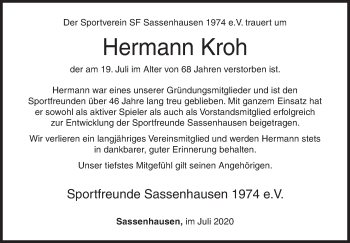 Traueranzeige von Hermann Kroh von Siegener Zeitung