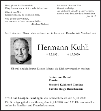 Traueranzeige von Hermann Kuhli von Siegener Zeitung