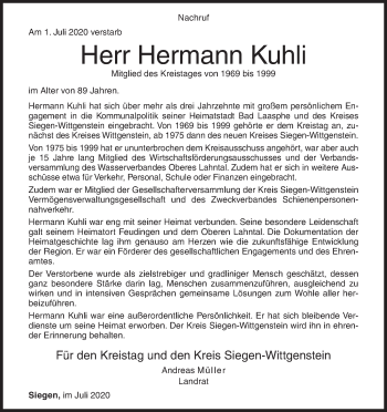 Traueranzeige von Hermann Kuhli von Siegener Zeitung