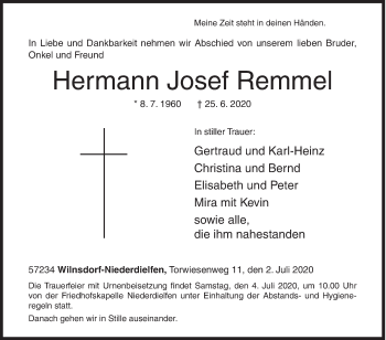 Traueranzeige von Hermann Josef Remmel von Siegener Zeitung