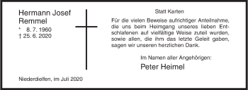 Traueranzeige von Hermann Josef Remmel von Siegener Zeitung