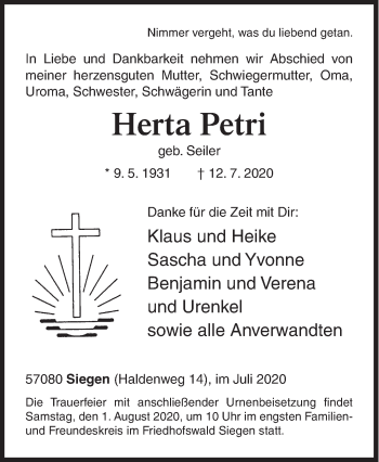 Traueranzeige von Herta Petri von Siegener Zeitung