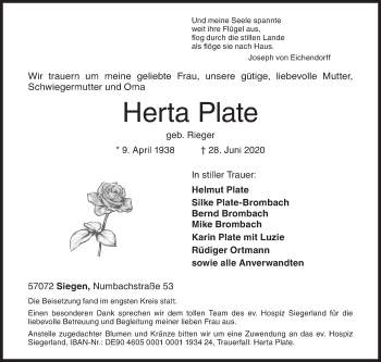 Traueranzeige von Herta Plate von Siegener Zeitung