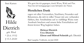 Traueranzeige von Hilde Dietrich von Siegener Zeitung