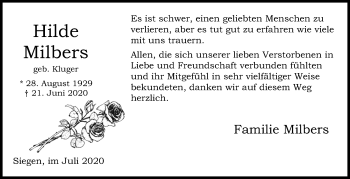 Traueranzeige von Hilde Milbers von Siegener Zeitung