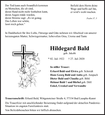 Traueranzeige von Hildegard Bald von Siegener Zeitung