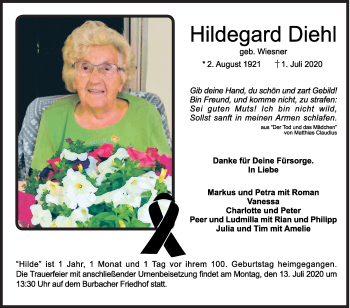 Traueranzeige von Hildegard Diehl von Siegener Zeitung