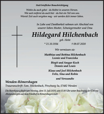 Traueranzeige von Hildegard Hilchenbach von Siegener Zeitung