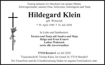 Traueranzeige von Hildegard Klein von Siegener Zeitung