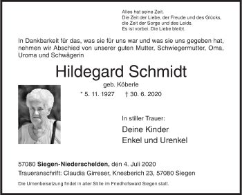 Traueranzeige von Hildegard Schmidt von Siegener Zeitung