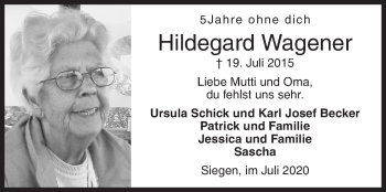 Traueranzeige von Hildegard Wagener von Siegener Zeitung