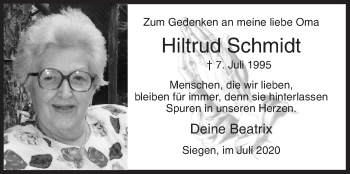 Traueranzeige von Hiltrud Schmidt von Siegener Zeitung