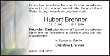 Traueranzeige von Hubert Brenner von Siegener Zeitung