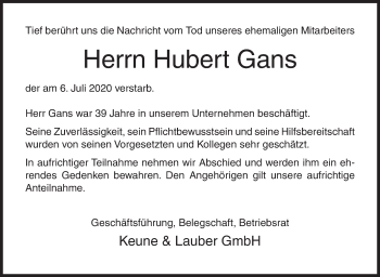 Traueranzeige von Hubert Gans von Siegener Zeitung